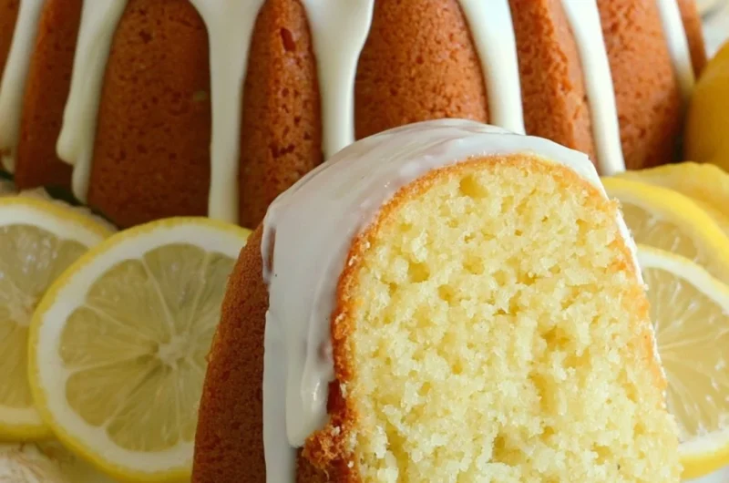 Slice of Italian lemon pound cake on a white plate with a lemon garnish.