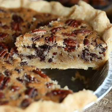 Delicious Kentucky Pecan Pie topped with toasted pecans and a golden crust.