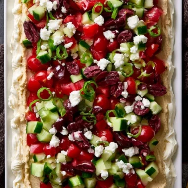 Delicious layered Greek dip with vegetables and feta cheese in a serving dish
