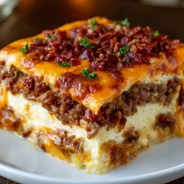 Delicious low-carb bacon cheeseburger casserole served in a baking dish