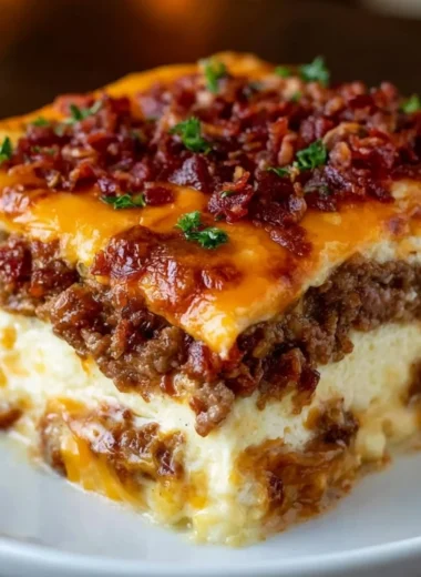 Delicious low-carb bacon cheeseburger casserole served in a baking dish