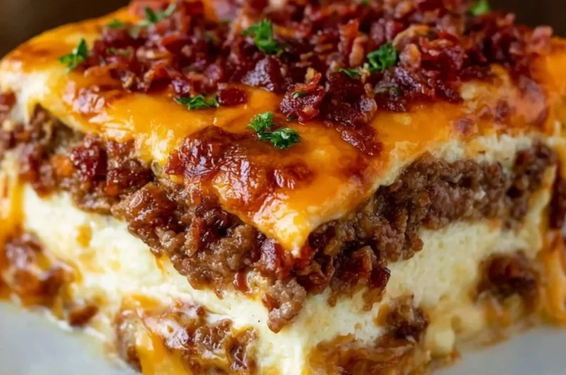 Delicious low-carb bacon cheeseburger casserole served in a baking dish