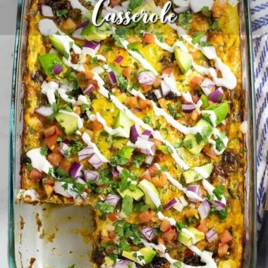 Delicious Mexican breakfast casserole with eggs, cheese, and spices.