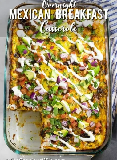 Delicious Mexican breakfast casserole with eggs, cheese, and spices.