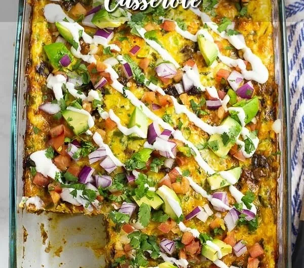 Delicious Mexican breakfast casserole with eggs, cheese, and spices.