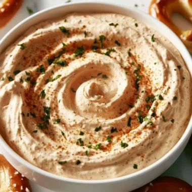 Creamy pretzel dip served with fresh soft pretzels on a platter