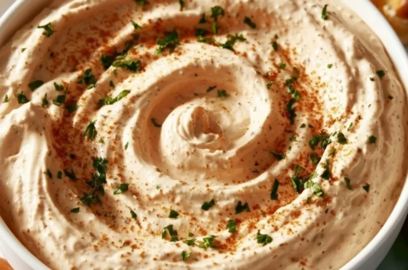 Creamy pretzel dip served with fresh soft pretzels on a platter