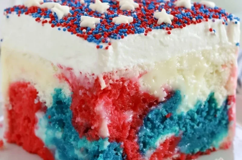 Delicious red, white, and blue Patriotic Poke Cake for 4th of July celebrations.