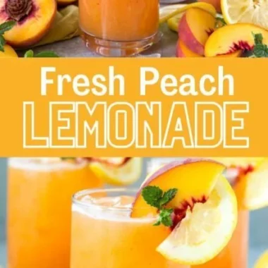 Refreshing Peach Lemonade in a glass with fresh peaches and lemons