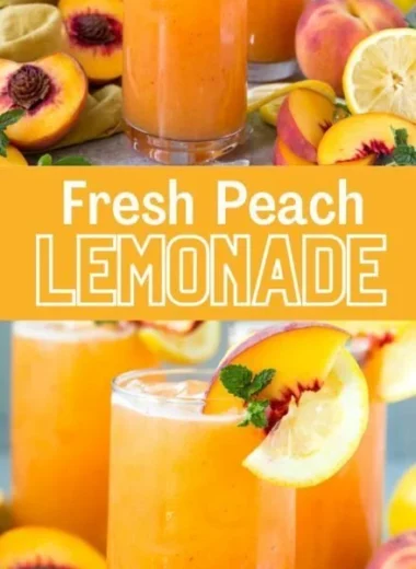Refreshing Peach Lemonade in a glass with fresh peaches and lemons