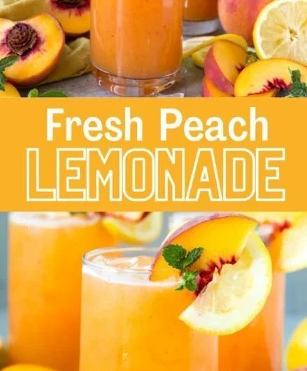 Refreshing Peach Lemonade in a glass with fresh peaches and lemons