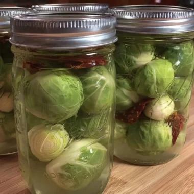 Pickled Brussels sprouts known as Pickled Frog Balls in a jar
