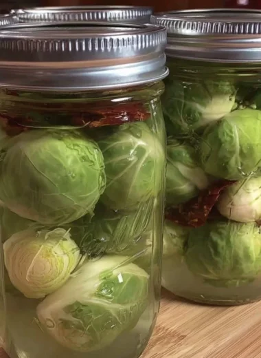 Pickled Brussels sprouts known as Pickled Frog Balls in a jar