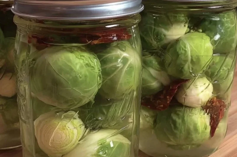 Pickled Brussels sprouts known as Pickled Frog Balls in a jar