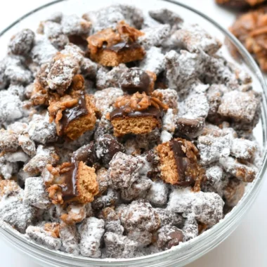 A delicious bowl of Samoas Puppy Chow with chocolate and coconut toppings.