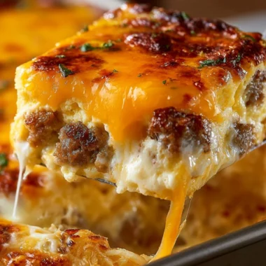 Delicious Sausage, Egg, and Cream Cheese Hashbrown Casserole ready to serve.