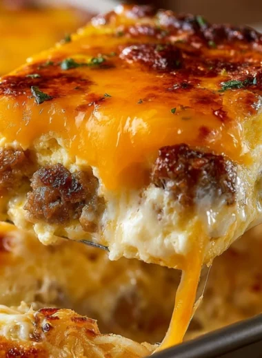 Delicious Sausage, Egg, and Cream Cheese Hashbrown Casserole ready to serve.