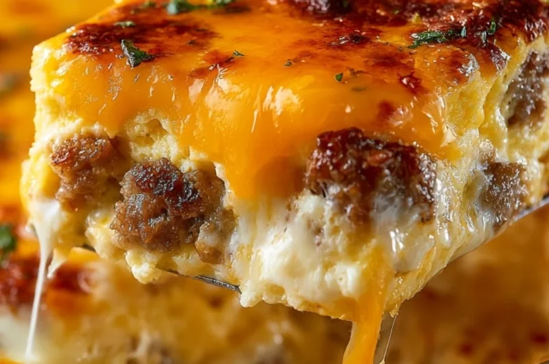 Delicious Sausage, Egg, and Cream Cheese Hashbrown Casserole ready to serve.
