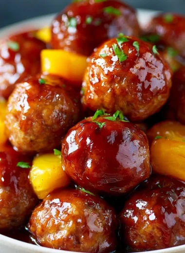 Slow cooker teriyaki meatballs served with rice and vegetables