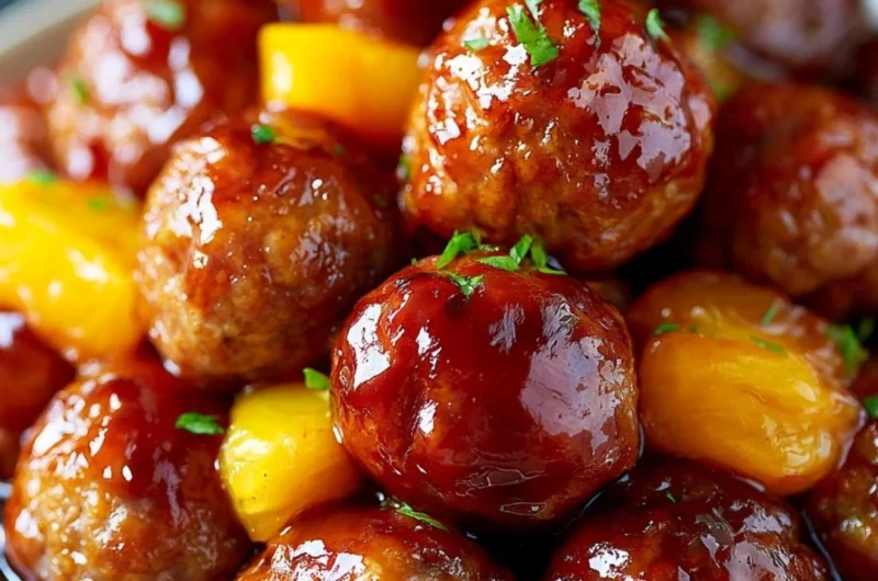 Slow cooker teriyaki meatballs served with rice and vegetables