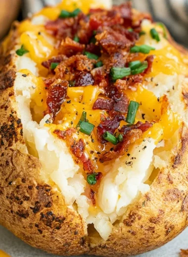 Delicious smoked baked potato cooked on a pellet grill