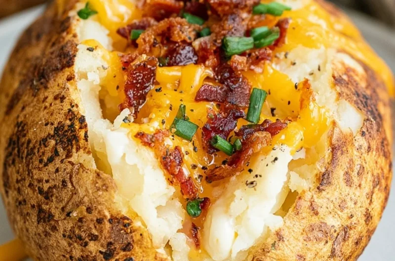 Delicious smoked baked potato cooked on a pellet grill
