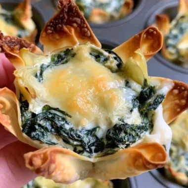 Spinach and artichoke wonton cups served on a platter
