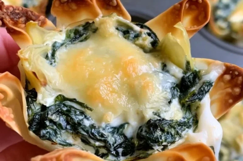 Spinach and artichoke wonton cups served on a platter