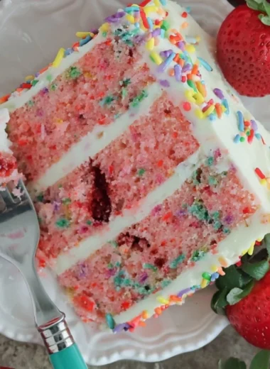 A vibrant Strawberry Funfetti Cake decorated with colorful sprinkles and fresh strawberries.