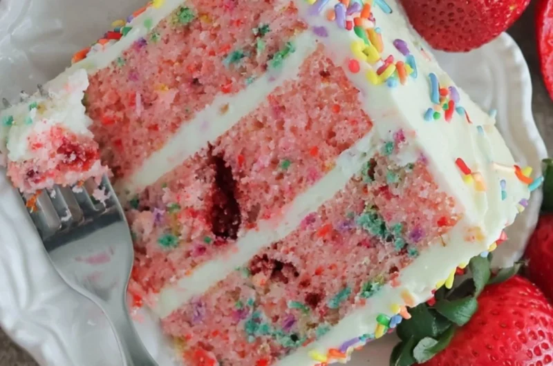 A vibrant Strawberry Funfetti Cake decorated with colorful sprinkles and fresh strawberries.