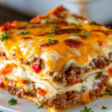 Delicious Taco Lasagna layered with seasoned beef, cheese, and tortillas