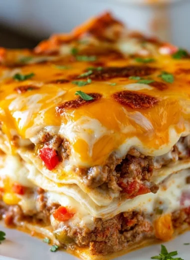 Delicious Taco Lasagna layered with seasoned beef, cheese, and tortillas