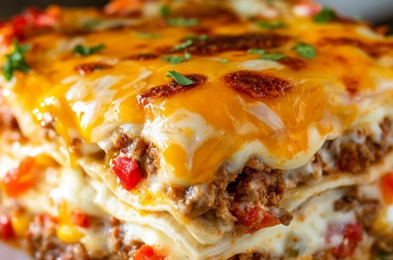 Delicious Taco Lasagna layered with seasoned beef, cheese, and tortillas