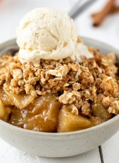 Delicious homemade apple crisp topped with oats and cinnamon