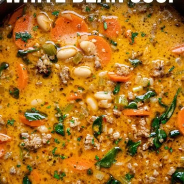Bowl of homemade Tuscan white bean soup garnished with herbs.