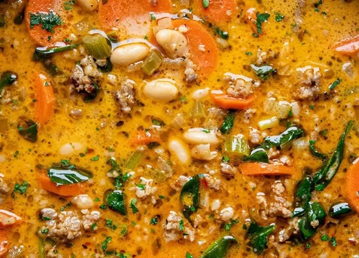 Bowl of homemade Tuscan white bean soup garnished with herbs.