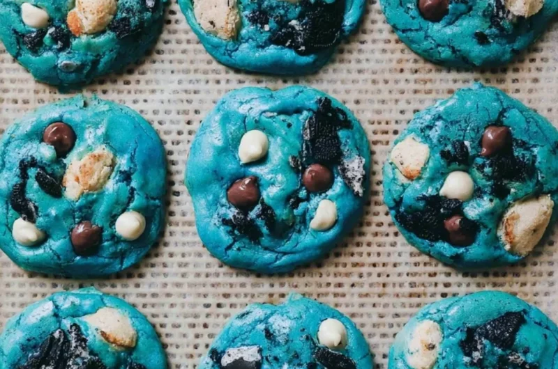 Delicious and colorful Cookie Monster cookies stacked on a plate