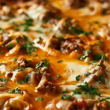 Unstuffed ground beef cabbage roll casserole in a baking dish