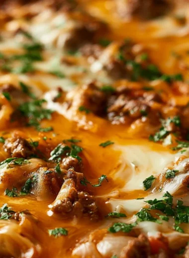 Unstuffed ground beef cabbage roll casserole in a baking dish