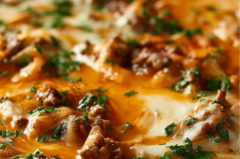 Unstuffed ground beef cabbage roll casserole in a baking dish