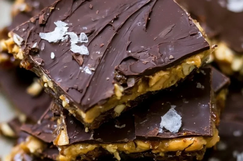 Viral chocolate date bark topped with nuts and drizzled with chocolate.