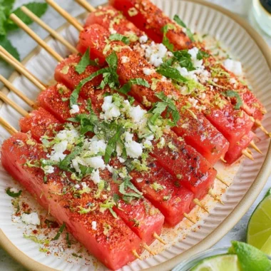 Watermelon skewers sprinkled with Tajin seasoning for a flavorful summer treat.