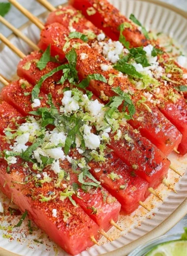 Watermelon skewers sprinkled with Tajin seasoning for a flavorful summer treat.