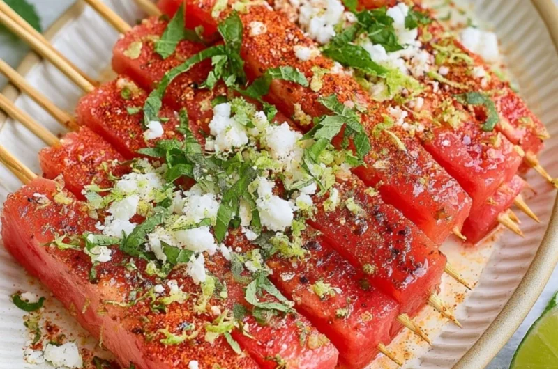 Watermelon skewers sprinkled with Tajin seasoning for a flavorful summer treat.