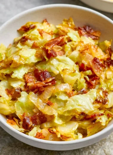 Delicious bacon and cabbage stir fry served in a bowl with colorful vegetables