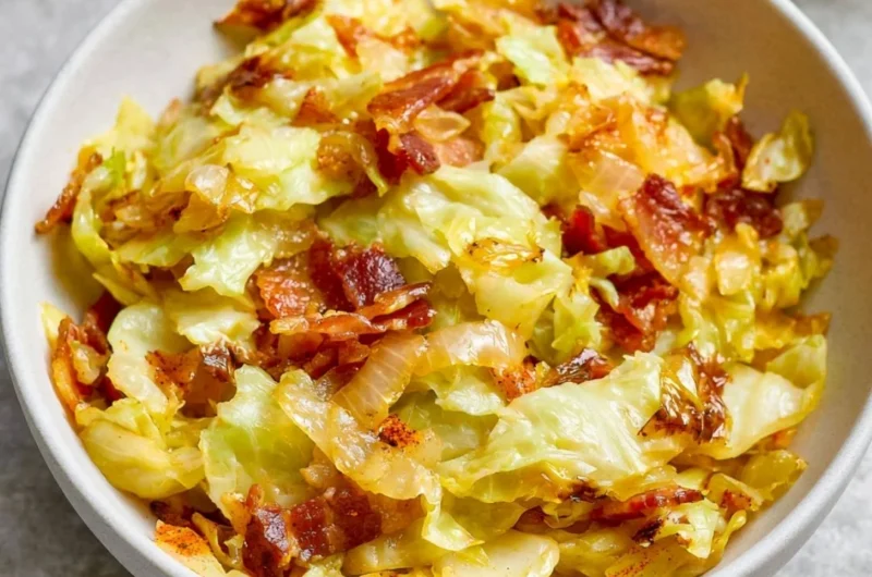 Delicious bacon and cabbage stir fry served in a bowl with colorful vegetables