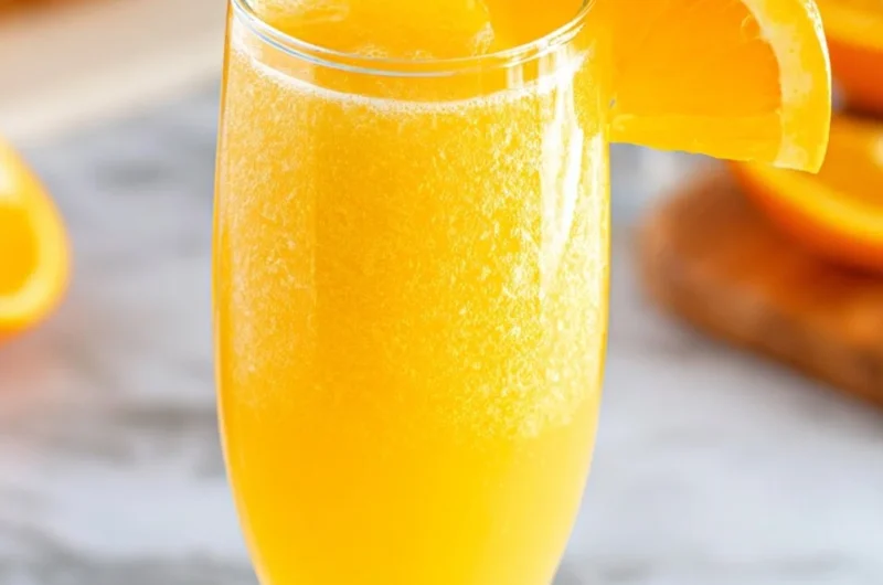 Freshly made non-alcoholic mimosa served in a glass with orange slices.