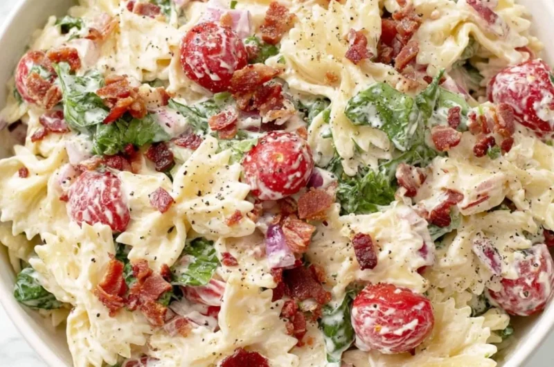 Delicious BLT Pasta Salad with bacon, lettuce, and tomatoes in a bowl.