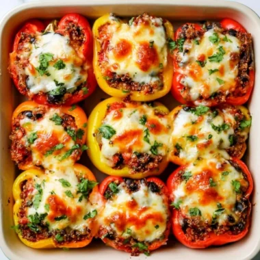 Cheesy Mexican-inspired vegetarian stuffed peppers garnished with herbs