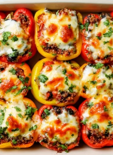 Cheesy Mexican-inspired vegetarian stuffed peppers garnished with herbs